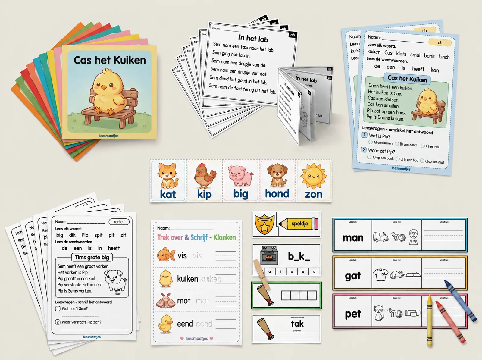 Een kijkje binnenin: leesboekjes, verhaalpakketjes van één pagina, flitskaarten, overtrekken-en-schrijven en de praktische spelcentra
