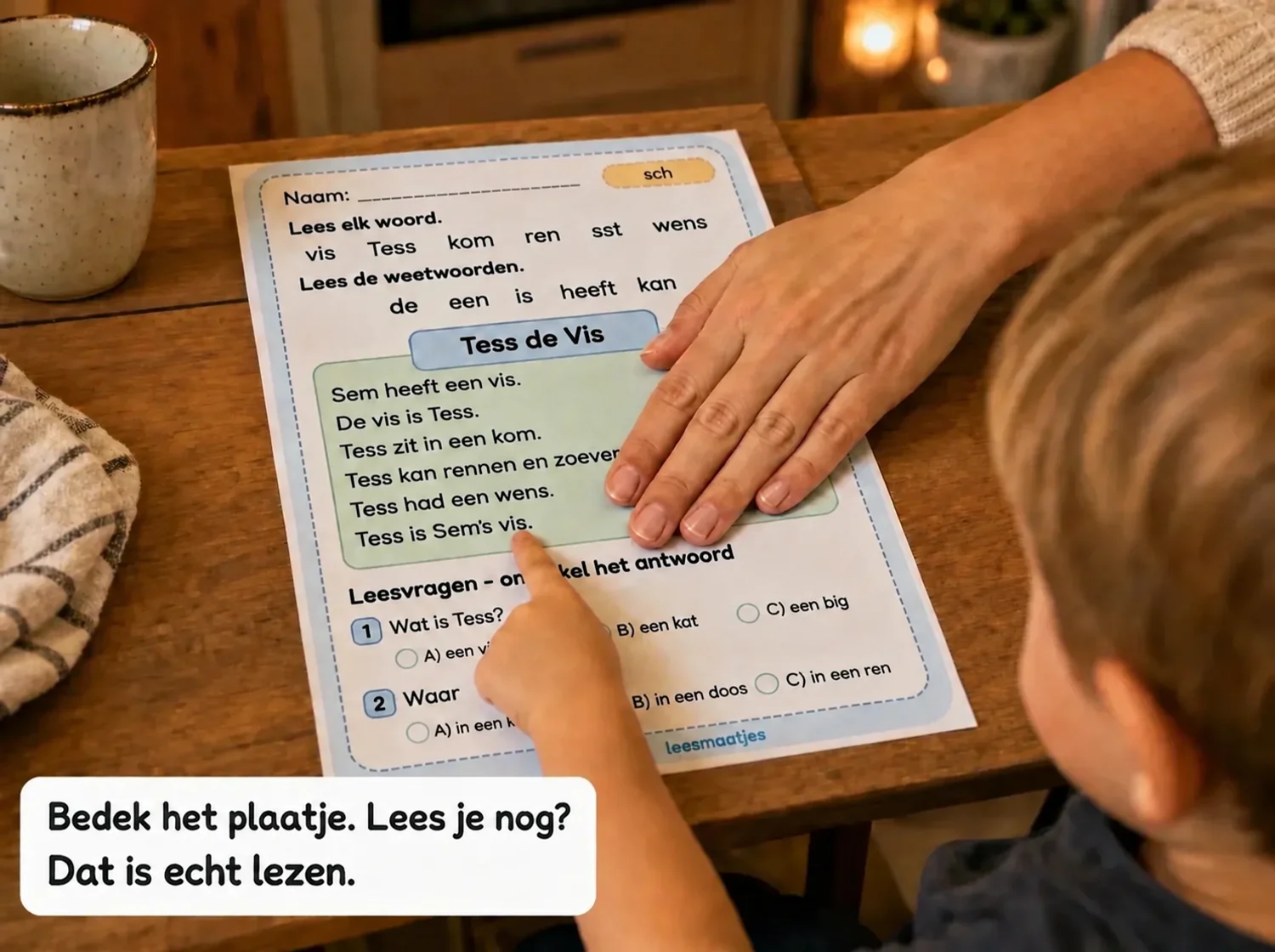 Bedek het plaatje met uw hand — leest hij nog steeds? Dat is écht lezen.