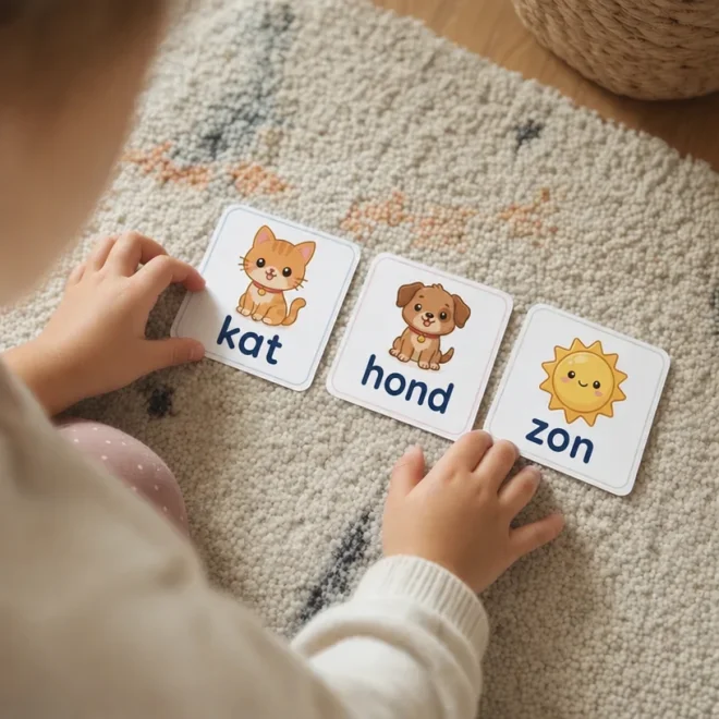 Kind legt woordkaarten met plaatjes neer