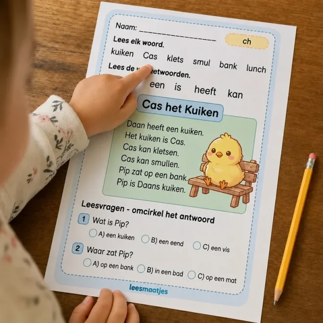 Kind wijst onder de woorden in een GroeiMaatjes leesboekje