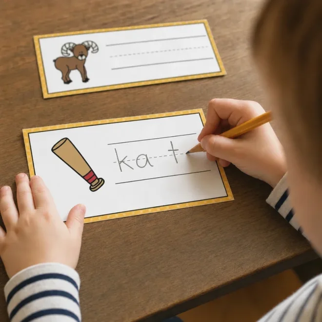Kind schrijft het woord bal op een schrijfkaart